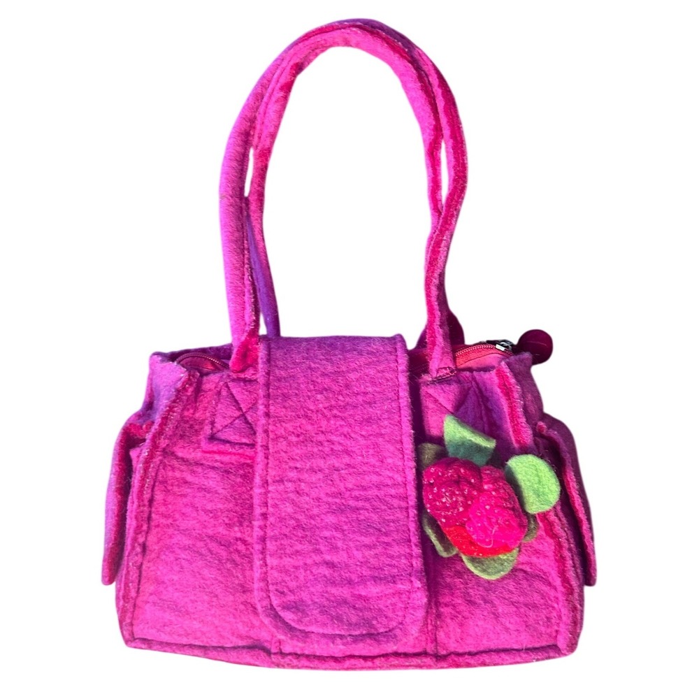 Vintage Handmade Felted Wool Handbag Magenta Pink 3D Beaded Flower Fiber Art